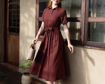 Linen Shirt Collar Dress MAGNOLIA, Short Sleeve Shirt Dress with belt, Midi Length Shirt Dress, Premium Linen Clothing for Women