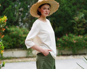 Linen Blouse with Boat neckline - Elbow Length Sleeves Top - Loose Women Linen Blouse - Linen Clothing for Women