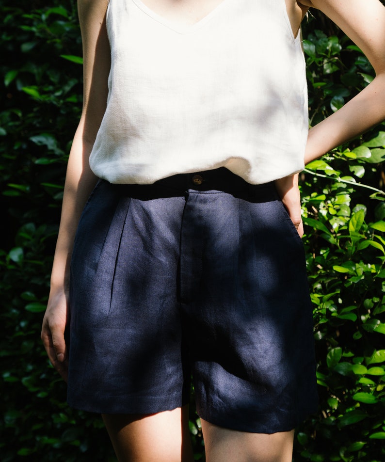 Linen High Waist Shorts Deep Ocean