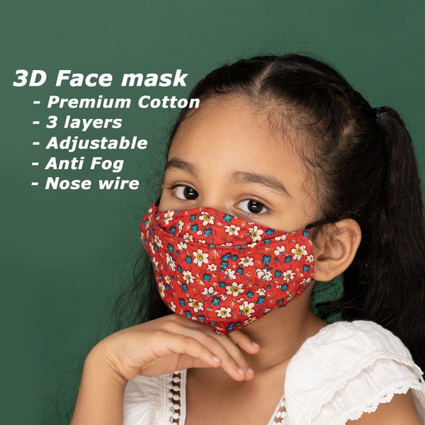 Kids Face Mask | Child & Teen Sizes | 3D and 3 layers | Nose wire | 100% Soft Cotton | Fog-free Mask for Glasses | Comfortable School Mask