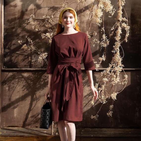 Knee length Linen Dress with Belt PEONY, Long Sleeves Linen Belt Dress, Linen Waist Belt Dress, Premium Linen Clothing for Women
