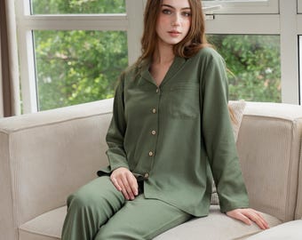 Women’s Linen Pajama Set – Long Sleeve Shirt and Pants, Cozy Linen Sleepwear, 2 Piece Lounge Set, Breathable Winter Pajama