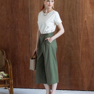 Relaxed Linen Culottes COSMOS, Mid calf Loose Linen trousers, Wide Leg Pants,  Elastic waist Culottes, Premium Linen Clothing for Women