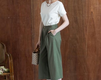 Relaxed Linen Culottes COSMOS, Mid calf Loose Linen trousers, Wide Leg Pants,  Elastic waist Culottes, Premium Linen Clothing for Women