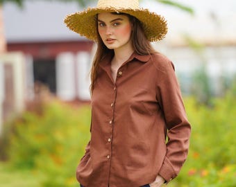 Linen collar shirt - Long Sleeves Shirt - Linen Clothing for Women