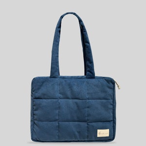 Quilted Tote Bag PILLOW, Woman Corduroy Tote Shoulder Bag with zipper, Work Bag, School Bag Blue