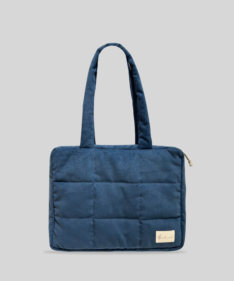 Quilted Tote Bag PILLOW, Woman Corduroy Tote Shoulder Bag with zipper, Work Bag, School Bag Blue