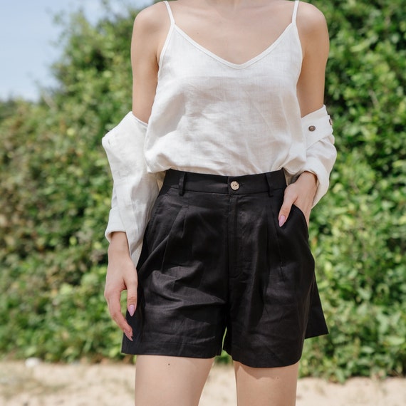 Linen High Waist Shorts - Pleated Loose Fit, Women's Clothing