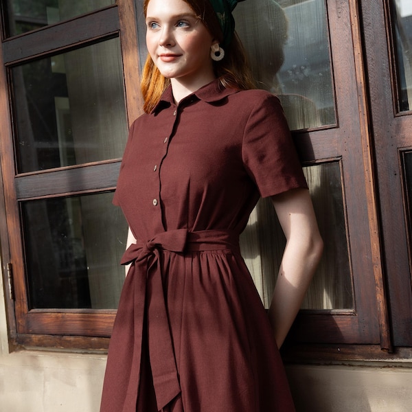 Linen Shirt Dress with Belt MAGNOLIA, Short Sleeve Midi Dress, Breathable Fabric