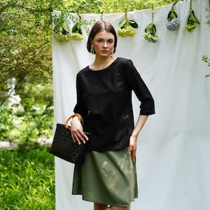 Linen Blouse with Boat neckline - Elbow Length Sleeves Top - Loose Women Linen Blouse - Linen Clothing for Women