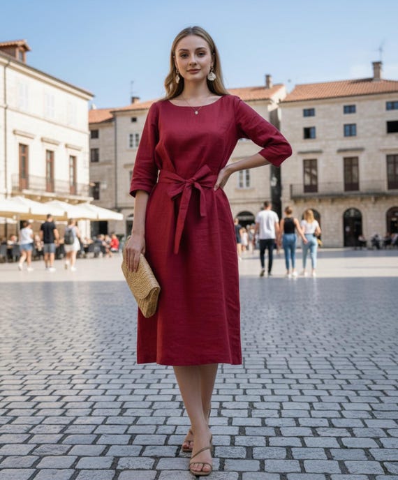 chinese dress ladies Red Artisanal Cut-Out Embroidered Euroflax  Premium Linen Maxi Dress main image 1