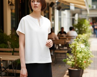 Linen Cap Sleeve Top, Round Split Neckline Blouse, Women's Casual Clothing