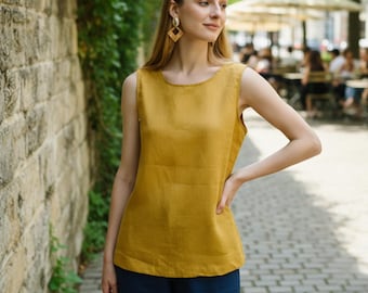 Linen Tank Top Sleeveless In Round Neck