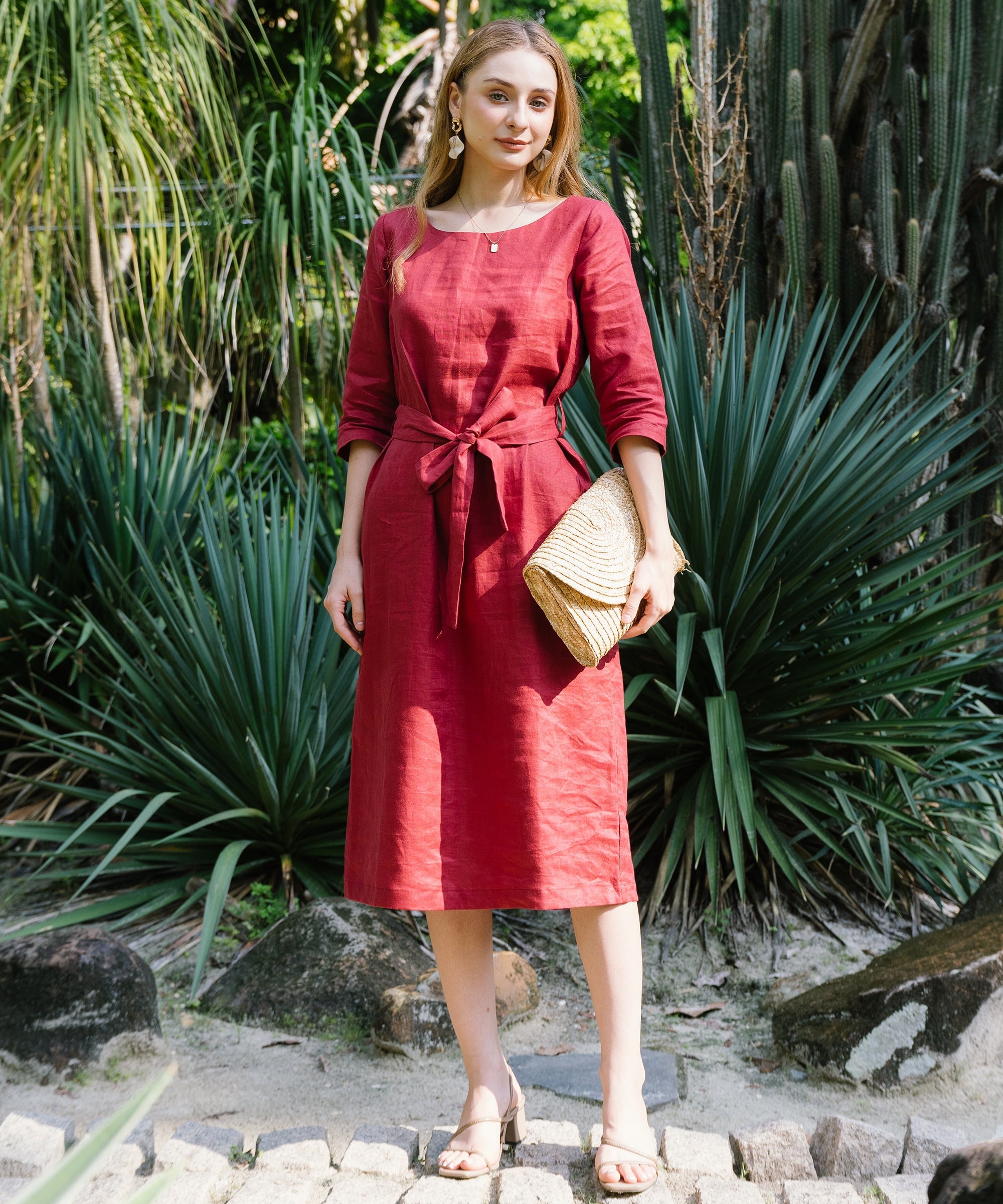 Linen Midi Dress | Elegant Short Sleeves Dress With Belt | Premium Linen Clothing for Women
