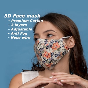 3D Face Mask | 3-Layers | Nose wire | Anti Fog Mask for Glasses | Premium Cotton Fabric