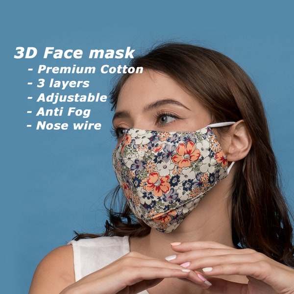 3D Face Mask | 3-Layers | Nose wire | Anti Fog Mask for Glasses | Premium Cotton Fabric