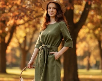 Linen Flare Dress, Boat-Neckline, Kimono Sleeves, Belted Waist, Knee-Length, Pockets