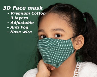 Kid Face Mask | Child & Teen Sizes | 3D and 3 layers | Nose wire | 100% Soft Cotton | Fog-free Mask for Glasses | Comfortable School Mask