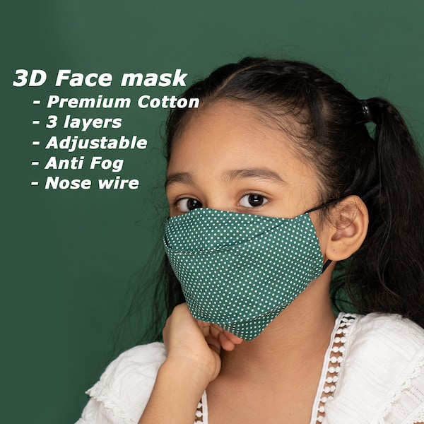 Kid Face Mask | Child & Teen Sizes | 3D and 3 layers | Nose wire | 100% Soft Cotton | Fog-free Mask for Glasses | Comfortable School Mask