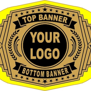 May include: A bright yellow championship belt featuring a central black circular emblem with the text YOUR LOGO, flanked by two smaller black circular side plates. One side plate displays a star, the other a trophy icon, with gold accents.