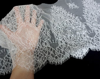 140cm LENGTHS- Delicate Ivory Chantilly Lace with scalloped lashes, wedding bridal trim fabric sections. Lingerie French lace,
