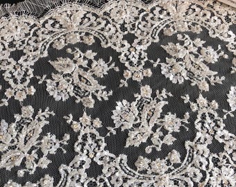Hand Beaded French Chantilly Lace, Ivory Bridal Trim, Swarovski Crystal