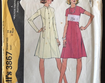 70s Vintage McCalls Sewing Pattern 3867, A-Line Dress, Size 14 UNCUT