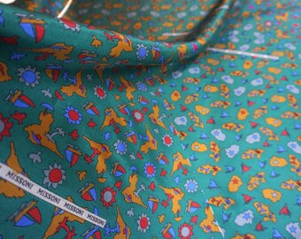 Genuine Designer Vintage Missoni Pure Silk Twill Panels, Green Island Hand Printed, 90's 80's Pattern , Scarf Tie Skirt Top Short Fabric