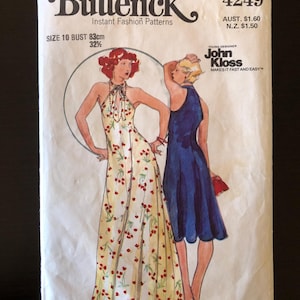 May include: Vintage Butterick sewing pattern 4249. The pattern features illustrations of two dresses. One is a halter dress with a floral print, and the other is a blue halter dress. The pattern is size 10, with a bust size of 32 1/2 inches.