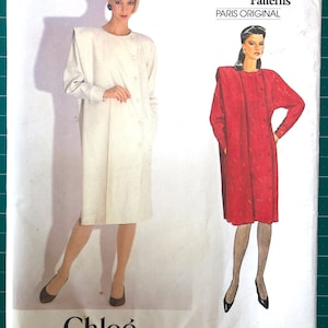 80's Vintage Vogue 1072 by Chloe Loose Fitting Dress with Pleat & Shoulder Pad detail. Sewing Pattern Uncut, Factory Folded