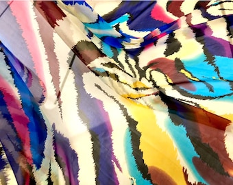 Neon Tiger Print Silk Chiffon Fabric, Psychedelic Pattern, Made in Italy