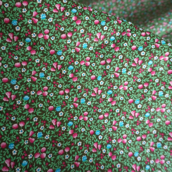 Vintage 100% Cotton Poplin, Blue Flowers Pink Pears, 1960's-1970's Retro Eastern European Textile, Quilting Fabric