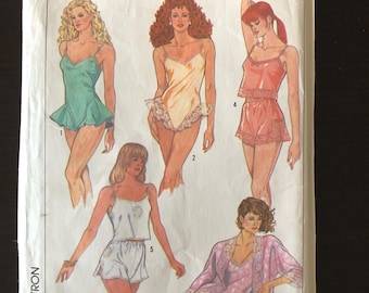 80&#39;s Vintage Simplicity 8393 Lingerie Camisole Shorts Teddy Robe Sewing Pattern, Size 10 12 14