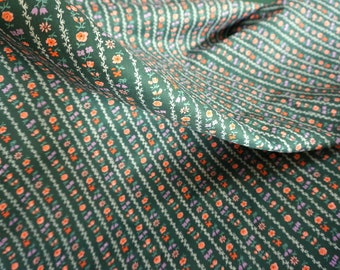 LAST PIECE: 1.6mt Vintage 100% Cotton Poplin, Forest Green Flower Stripe, 1960&#39;s-1970&#39;s Retro Eastern European Textile, Quilting Fabric