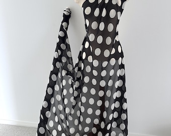 100% Pure Silk Chiffon, Black White Polka Dot Spot Sheer Mulberry Silk