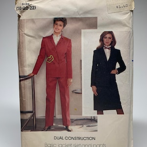 May include: A vintage sewing pattern for a jacket, skirt, and trousers. The pattern is for sizes 18-20-22 and is from the Strawbridge & Clothier store. The pattern is for dual construction and includes special construction techniques for sewing synthetic suede fabrics.