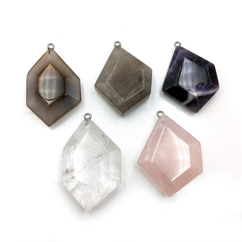 Natural Gemstone Faceted Flat Hexagonal Geometry Shape Pendant Necklace