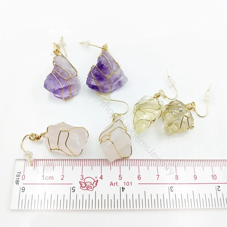 Wholesale new unique lasted 24k real gold plated hoop crystal statement earring wire wrapped raw natural gemstone dangle earrings L845