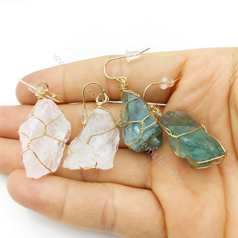 Wholesale new unique lasted 24k real gold plated hoop crystal statement earring wire wrapped raw natural gemstone dangle earrings L845