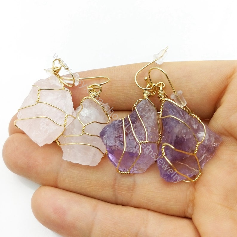 Wholesale new unique lasted 24k real gold plated hoop crystal statement earring wire wrapped raw natural gemstone dangle earrings L845