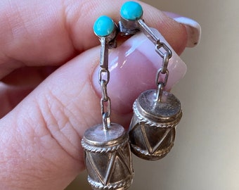 Vintage Zuni sterling silver and turquoise  dangling drum earrings