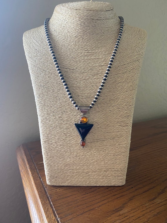 1970's-era Navajo Onyx, Amber, and Citrine Pendant on Oxidized Sterling Silver Bead Necklace