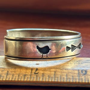Vintage Signed Sterling Silver Overlay Cuff Bracelet with songbirds by T. Billie