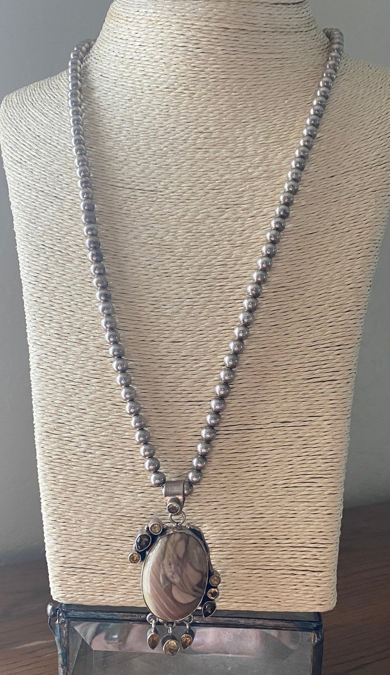 Topaz Citrine Picture Agate /& Sterling Silver Pendant on Sterling Silver Beads Smoky Quartz
