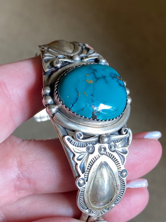 Gorgeous Turquoise and Navajo Repousse Sterling Si