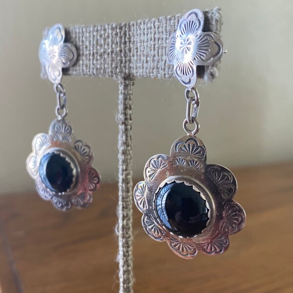 Vintage Sterling Silver and Onyx Navajo Concho Flower Dangle Earrings by Manygoats