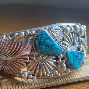 Fabricated Sterling Silver and Spiderweb Turquoise Butterfly Cuff by Derrick Gordon. Navajo