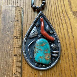 Vintage Turquoise & Coral Sterling Silver Foliate Necklace on handmade Navajo bench beads