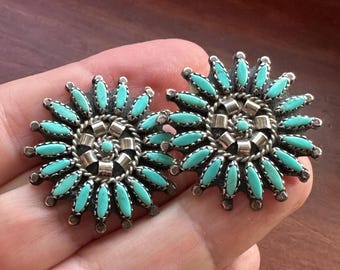 Vintage Zuni Multi-stone Turquoise petit point stud earrings, sterling silver, by Nez