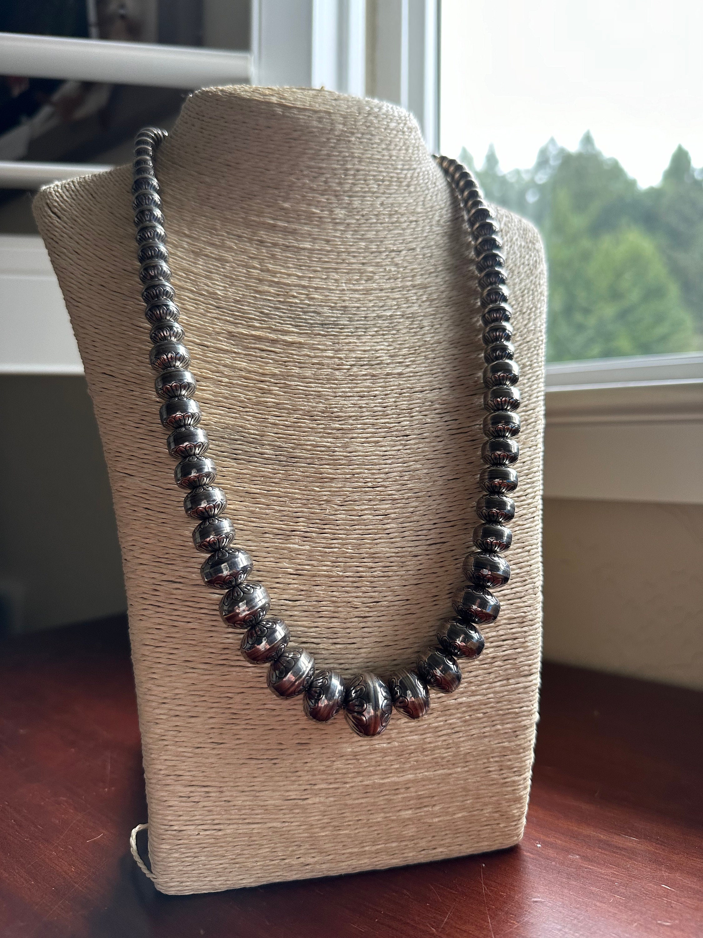 Sterling Silver Stamped Beaded Necklace with Earrings